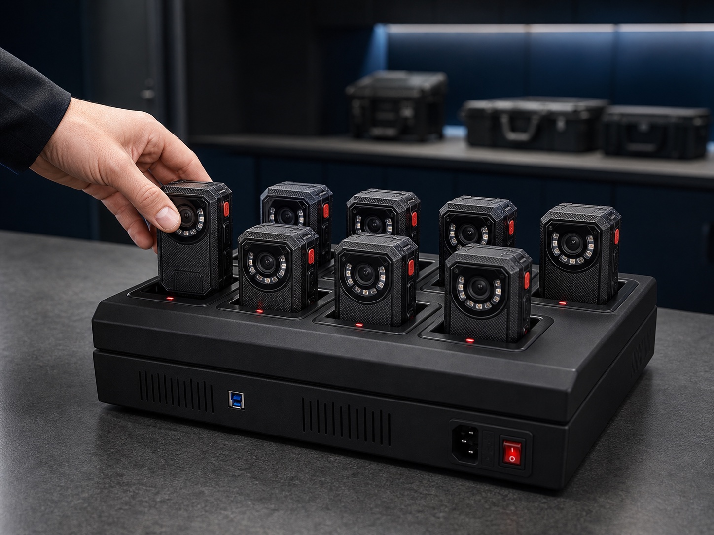 Arvision body cameras organized in a secure charging dock