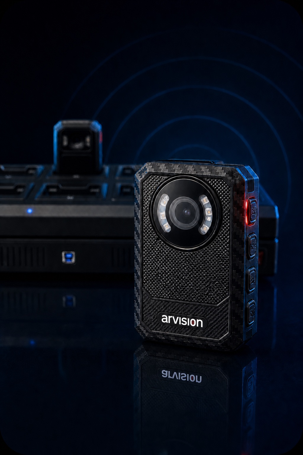 Arvision One body camera connected to its managed docking ecosystem