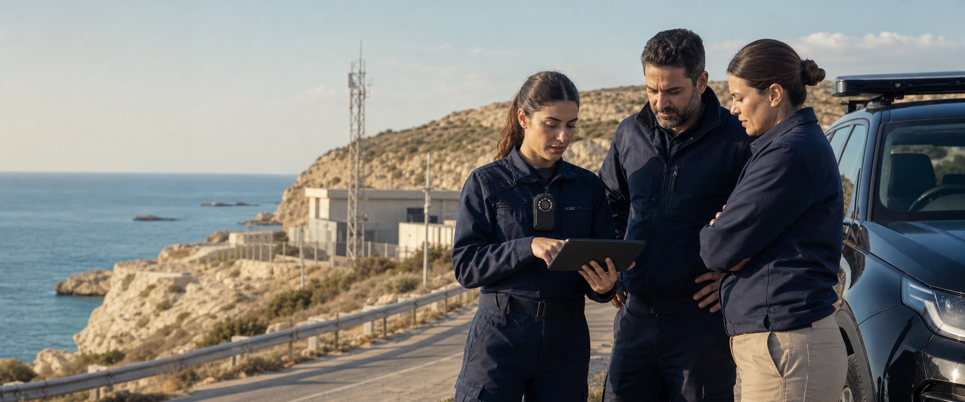 Arvision field operations team coordinating beside a service vehicle